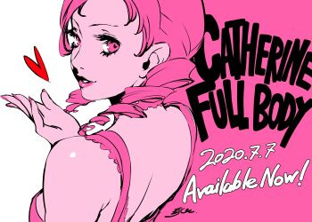1girl absurdres catherine:_full_body catherine_(atlus_character) catherine_(game) copyright_name drill_hair frilled_straps heart highres looking_at_viewer looking_back monochrome official_art pink_background pink_theme release_date seductive_smile signature sketch smile soejima_shigenori solo twin_drills two-tone_background white_background