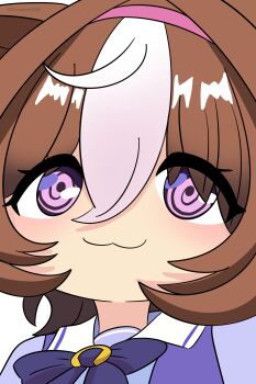 Rule 34 | 1girl, @ @, absurdres, animal ears, blush, bow, bowtie, brown hair, chibi, chimaera scre, close-up, closed mouth, double-parted bangs, hair between eyes, hairband, highres, horse ears, horse girl, looking at viewer, meisho doto (umamusume), multicolored hair, pink hairband, purple bow, purple bowtie, purple eyes, purple shirt, sailor collar, sailor shirt, school uniform, shirt, short hair, smile, smug, tracen school uniform, two-tone hair, umamusume, white hair, white sailor collar