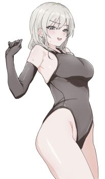 1girl bare_legs black_gloves black_leotard blush earrings elbow_gloves girls_band_cry gloves grey_eyes grey_hair hanekuri_(nnainain) highres jewelry kawaragi_momoka leotard long_hair open_mouth simple_background solo stud_earrings sweat white_background