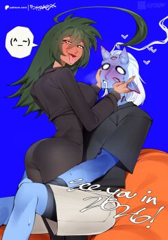 1boy 1girl 2026 absurdres ahoge bean_bag_chair blue_background blush dark-skinned_female dark_skin demon demon_boy demon_horns face_in_hands flytrapxx green_hair heart highres horns kneeling lipstick_mark liz_(flytrapxx) long_hair looking_at_viewer original pants patreon_logo patreon_username simple_background sitting sitting_on_person spoken_expression steam tight_clothes tight_pants tongue tongue_out yellow_eyes