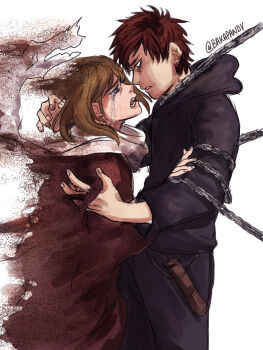 1boy 1girl bakapandy black_hoodie black_pants blue_eyes brown_eyes chain chained commentary crying disintegration english_commentary frown highres hood hoodie husband_and_wife karura_(naruto) naruto_(classic) naruto_(series) open_mouth pants rasa_(naruto) red_hair scroll streaming_tears tears twitter_username