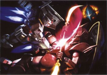 battle beam_naginata earth_federation elmeth energy_sword gelgoog gelgoog_s_char_custom gun gundam highres machine_gun mecha mecha_focus mobile_suit mobile_suit_gundam morishita_naochika no_humans official_art photoshop_(medium) realistic robot rx-78-2_gundam scan shield sword thrusters weapon zeon