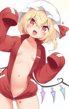 1girl :d absurdres blonde_hair blush bottomless breasts commentary_request fang flandre_scarlet gluteal_fold harunoha hat highres jacket long_sleeves medium_hair mob_cap naked_jacket navel no_bra open_clothes open_jacket open_mouth side_ponytail simple_background sleeves_past_fingers sleeves_past_wrists small_breasts smile solo stomach touhou track_jacket white_background white_hat