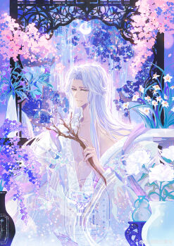 1boy abs absurdres architecture branch brooch cherry_blossoms chinese_clothes closed_mouth code:_kite collarbone cowboy_shot crescent_moon curtained_hair daffodil east_asian_architecture flower gourd green_eyes hand_up hanfu highres holding holding_branch indoors jewelry light_particles lilac long_hair long_sleeves looking_at_flowers male_focus moon night parted_bangs pear_blossoms pectoral_cleavage pectorals pink_flower plant potted_plant purple_flower purple_shawl purple_sky robe rose shawl single_off_shoulder sitting sky smile snow234 solo toned toned_male vase watermark weibo_watermark white_flower white_hair white_hanfu white_robe white_rose wide_sleeves window zuo_ci_(code:_kite)