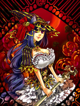 1girl animal_ears black_dress bow breasts cleavage closed_mouth commentary_request cowboy_shot dress ears_through_headwear gold_trim halloween hat hat_bow highres holding holding_staff jack-o&#039;-lantern large_breasts lips long_hair looking_at_viewer petticoat pink_eyes priest_(ragnarok_online) pumpkin purple_hair purple_hat ragnarok_online red_bow red_sky sky smile solo staff striped_clothes striped_dress tail toriria very_long_hair witch_hat wolf_ears wolf_girl wolf_tail