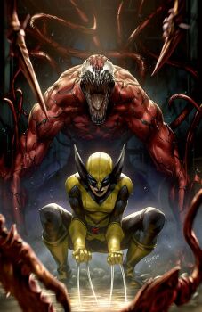1girl black_bodysuit black_hair bodysuit boots carnage_(marvel) claws dcwj highres laura_kinney long_hair looking_at_viewer marvel multicolored_bodysuit open_clothes sharp_teeth signature squatting superhero_costume symbiote teeth two-tone_bodysuit wolverine_(x-men) x-23 x-men yellow_bodysuit yellow_boots
