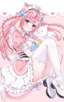 1girl absurdres ahoge animal_ears asymmetrical_legwear bell blue_bow blue_ribbon blush bow bow_legwear braid breasts cat_ears cat_girl cat_hair_ornament cat_tail cleavage closed_mouth dress extra_ears gloves hair_bow hair_ornament hairclip heart heart_print highres indie_virtual_youtuber jingle_bell large_breasts long_hair looking_at_viewer maid maid_headdress mismatched_legwear neck_bell neck_ribbon oyuharu panties pantyshot pink_background pink_bow pink_dress pink_eyes pink_hair pink_tail revision ribbon shoes short_sleeves single_thighhigh socks solo star_(symbol) star_hair_ornament suspenders tail tail_ornament tail_ribbon thigh_strap thighhighs thighs two_side_up underwear uneven_legwear virtual_youtuber white_dress white_gloves white_panties white_shoes white_socks white_thighhighs yuuki_sakuna yuuki_sakuna_(3rd_costume)