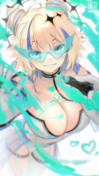 1girl absurdres aqua-tinted_eyewear artist_name blonde_hair blue_eyes blue_streaks blurry body_markings breasts commentary depth_of_field double_bun drawing_on_fourth_wall dress english_commentary eyelashes gloves hair_between_eyes hair_bun halo heart highres holding holding_marker kaneko_lumi kaneko_lumi_(wish) large_breasts lattemeowcatto looking_at_viewer marker multiple_thigh_straps official_alternate_costume official_alternate_hairstyle phase_connect see-through_clothes see-through_skirt skirt sunglasses tinted_eyewear triangular_eyewear virtual_youtuber white_dress white_gloves