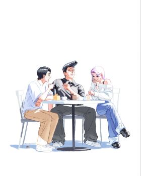 1girl 2boys black_shirt black_shoes bug cake cake_slice chair closed_eyes closed_mouth cockroach cup denim earrings eating food fork highres holding holding_fork insect ishigori_ryu jeans jewelry jujutsu_kaisen long_hair multiple_boys okkotsu_yuta on_chair open_mouth pants pink_eyes pink_hair pompadour serialboel shirt shoes short_hair simple_background sitting smile uro_takako white_background white_shirt white_shoes