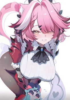 1girl :d absurdres animal_ears armor ascot black_ascot black_pantyhose bracer braid braided_bangs breasts brooch chattino_(raora_panthera) collared_shirt commentary english_commentary fishnet_pantyhose fishnets framed_breasts grin hair_intakes hair_over_one_eye hair_ribbon highres hololive hololive_english jewelry koahri large_breasts leaning_forward looking_at_viewer no_pants official_alternate_costume official_alternate_hairstyle open_mouth panther_ears panther_girl panther_tail pantyhose pink_hair raora_panthera raora_panthera_(rathalos) ribbed_sweater ribbon shirt short_hair shoulder_armor simple_background smile solo sweater tail virtual_youtuber white_background white_shirt white_streaks yellow_eyes