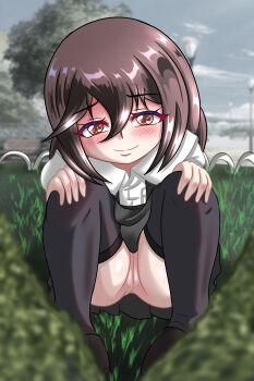 1girl absurdres bench black_skirt black_thighhighs blush breast_pocket brown_eyes brown_hair brown_shoes chapio cloud exhibitionism grass hands_on_own_knees highres lamppost loli looking_at_viewer no_panties original pocket public_indecency pussy rui_(chapio) school_uniform shirt shoes short_hair skirt sky smile squatting suspender_skirt suspenders thighhighs tree white_shirt