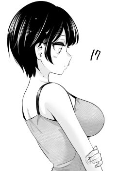 Rule 34 | 1girl, arm at side, bare shoulders, blush, breasts, camisole, closed mouth, commentary request, expressionless, from side, greyscale, hand on own arm, hand on own elbow, hinoharaf (14310486), large breasts, mole, mole on neck, monochrome, nape, original, profile, short hair, simple background, solo, spaghetti strap, upper body, very short hair, white background