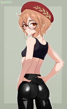 1girl absurdres ass breasts brown_eyes brown_hair chenki_(chenki) clio_aite commentary cowboy_shot english_commentary from_behind glasses hands_on_own_hips hat highres looking_at_viewer looking_back paid_reward_available pants phase_connect red_hat short_hair small_breasts solo virtual_youtuber