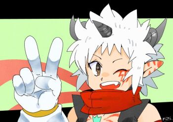 1boy aegiomon artist_name bare_shoulders black_border black_horns black_vest body_markings border brown_eyes chest_jewel digimon digimon_(creature) digimon_story:_time_stranger facial_mark gloves green_background horns mimi_02525 no_shirt one_eye_closed open_mouth pointy_ears short_hair simple_background solo v vest white_gloves white_hair