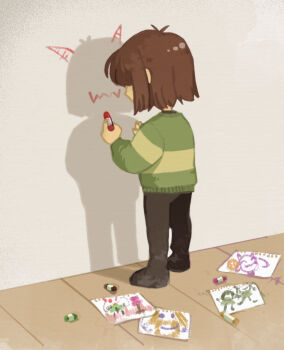 1other asgore_dreemurr asriel_dreemurr black_pants brown_hair chara_(undertale) corogarucoromo covered_eyes crayon deltarune drawing_(object) full_body green_sweater other_focus pants shadow solo standing sweater toriel undertale utdr_(toby_fox) wooden_floor