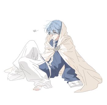 Rule 34 | 1boy, baggy pants, barefoot, blue hair, blue jacket, brooch, full body, grey cloak, hair between eyes, hh123145, highres, himmel (sousou no frieren), jacket, jewelry, loose clothes, mole, mole under eye, pants, parted lips, short hair, sketch, sleeves past fingers, sleeves past wrists, solo, sousou no frieren, sweatdrop, white background, white trim