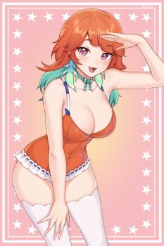 1girl :d absurdres adapted_costume bare_shoulders blush breasts choker cleavage cowboy_shot fingernails green_choker green_hair hand_up highres hololive hololive_english large_breasts leaning_forward leotard looking_at_viewer multicolored_hair nail_polish open_mouth orange_hair orange_leotard pink_background pink_nails purple_eyes shellvi smile solo takanashi_kiara takanashi_kiara_(1st_costume) thighhighs two-tone_hair virtual_youtuber white_thighhighs