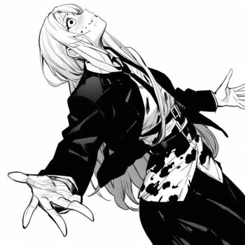 azur_lane black_necktie black_skirt blood blood_on_clothes blood_on_face crazy crazy_eyes crazy_smile enterprise_(azur_lane) gojou_satoru jujutsu_kaisen long_hair necktie non-web_source parody sketch skirt smile