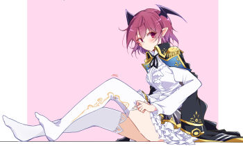1girl black_coat black_skirt blush closed_mouth coat commentary_request epaulettes head_wings highres ichimura_kanata koakuma koakuma_(compendium_of_advanced_magic) long_sleeves looking_at_viewer looking_to_the_side no_shoes pink_background pointy_ears red_eyes red_hair shirt short_hair skirt solo thighhighs thighs touhou touhou_lostword white_shirt white_thighhighs wings