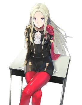 1girl absurdres arms_behind_back black_skirt blonde_hair breasts cape cleavage cleavage_cutout closed_mouth clothing_cutout commentary crossed_legs desk edelgard_von_hresvelg feet_out_of_frame female_focus fire_emblem fire_emblem:_three_houses forehead gloves hair_ribbon highres j@ck long_hair long_sleeves looking_at_viewer medium_breasts military military_uniform miniskirt nintendo on_table pantyhose purple_eyes purple_ribbon red_cape red_pantyhose ribbon school_desk sidelocks sitting skirt smile solo table very_long_hair white_gloves