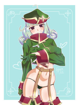1girl absurdres araga_kiwi black_panties blue_background blush breasts commentary english_commentary gloves green_gloves green_hat green_shirt grin hagen_murata hat highres large_breasts leoparde_(mahou_shoujo_ni_akogarete) looking_at_viewer mahou_shoujo_ni_akogarete military_hat military_uniform navel no_pants panties red_eyes shirt smile solo thighs underwear white_hair