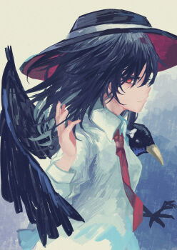 1girl absurdres alternate_eye_color bird bird_request bird_wings black_hair black_hat closed_mouth collar hair_between_eyes hat highres long_sleeves looking_at_viewer medium_hair muraryo necktie orange_eyes shirt sleeve_cuffs solo touhou usami_renko waving white_collar white_shirt wings