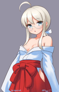 1girl ahoge blue_eyes blush breasts cleavage commentary_request cowboy_shot dated glasses grey_background grey_hair hakama hakama_skirt japanese_clothes kantai_collection long_hair looking_at_viewer miko nontraditional_miko off_shoulder ray.s red_hakama ribbon-trimmed_sleeves ribbon_trim signature skirt small_breasts smile solo