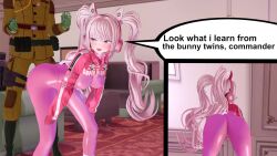 1girl 3d alice_(nikke) animal_ear_headphones animal_ears animated ass ass_shake bent_over blush bodysuit breasts brogus english_text fake_animal_ears gloves goddess_of_victory:_nikke grey_hair groin headphones headset highres indoors jacket latex latex_bodysuit long_hair long_sleeves medium_breasts open_mouth pink_bodysuit pink_eyes pink_gloves puffy_long_sleeves puffy_sleeves red_jacket ribbed_legwear sexually_suggestive speech_bubble tagme twerking twintails video