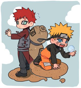 2boys bandaged_leg bandages black_headband black_shoes black_sleeves blonde_hair blue_eyes brown_tunic chibi chibi_only closed_mouth facial_mark fang flying_sweatdrops full_body furrowed_brow geonseung gourd grey_pants headband jacket jumpsuit kneeling konohagakure_symbol looking_at_another male_focus multiple_boys naruto_(series) no_eyebrows open-toe_shoes open_mouth orange_jacket orange_jumpsuit orange_pants outstretched_arms pants red_hair sand scar scar_on_face scar_on_forehead shoes short_hair spiked_hair tunic whisker_markings