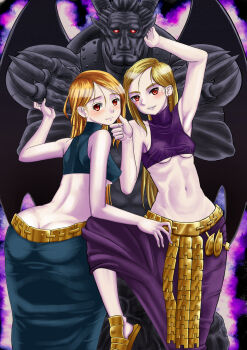 2girls bare_shoulders blonde_hair blush celia earrings female_focus final_fantasy final_fantasy_tactics highres jewelry lettie long_hair midriff monster multiple_girls pt@i ptai red_eyes skirt