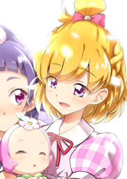 Rule 34 | 3girls, asahina mirai, baby, baby carry, backlighting, blonde hair, blurry, blurry background, blush, bow, braid, carrying, casual, checkered clothes, checkered shirt, closed mouth, collared shirt, commentary, depth of field, ha-chan (mahou girls precure!), hair bow, izayoi liko, looking at another, mahou girls precure!, motherly, multiple girls, neck ribbon, one side up, open mouth, pink bow, pink shirt, precure, puffy short sleeves, puffy sleeves, purple eyes, purple hair, red ribbon, ribbon, shirt, short hair, short sleeves, smile, wing collar, yuto (dialique)