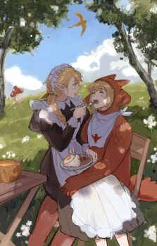 2girls animal_costume apron bib black_dress blonde_hair blush bow braid braided_ponytail chair closed_eyes cloud commentary curry day deerwhisky dragon_costume dragon_horns dress drooling dungeon_meshi eating egg_(food) falin_touden feeding flower folding_chair folding_table food grass green_eyes hair_bow hand_on_another&#039;s_lap highres holding holding_plate holding_spoon horns long_hair maid maid_apron maid_headdress marcille_donato mini_flag multiple_girls on_chair outdoors plate profile pumpkin red_bow rice saliva short_hair sitting sitting_on_lap sitting_on_person spoon sunlight table teeth tree upper_teeth_only walking_mushroom_(dungeon_meshi) winged_lion_(dungeon_meshi) yuri