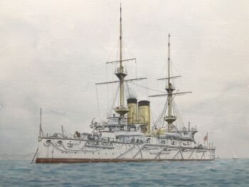 asahi_(battleship) atelier_bono battleship cannon casemate cloud cloudy_sky commentary_request flag highres imperial_japanese_navy mast military military_vehicle no_humans ocean original painting_(medium) rising_sun_flag ship ship_turret sky smokestack sunburst traditional_media vehicle_focus warship watercolor_(medium) watercraft waves