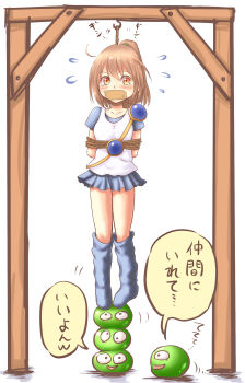 1girl arle_nadja bdsm blob blush bondage bound bound_arms brown_eyes brown_hair execution flat_chest flying_sweatdrops gag highres improvised_gag loli madou_monogatari noose peril ponytail punishment puyopuyo rope simple_background suspension tape tape_gag tears translated white_background