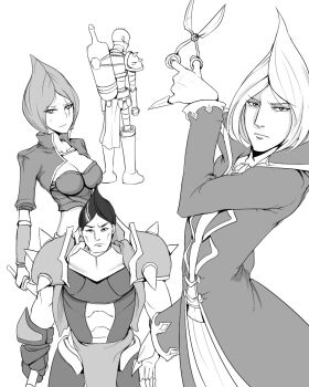 1girl 3boys alternate_hairstyle armor bad_id bad_pixiv_id bald bandages bottle claws darius_(league_of_legends) greyscale katarina_(league_of_legends) league_of_legends looking_at_viewer monochrome multiple_boys scissors scofa shoulder_pads singed vladimir_(league_of_legends) white_background