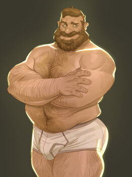 1boy arm_hair bara beard big_nose body_hair briefs brown_hair bulge chest_hair connected_beard crossed_arms facial_hair fat fat_man leg_hair male_focus male_underwear mature_male muscular muscular_male navel nesskain nipples original short_hair shoulder_hair simple_background smile underwear underwear_only white_male_underwear