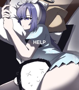 1boy 1girl absurdres animal_print black_halo blue_archive blue_pajamas blue_shirt blue_shorts cat_print cellphone commentary doodle_sensei_(blue_archive) english_text hairband halo head_between_thighs highres holding holding_phone i&#039;m_this_clingy_(meme) kai_xin long_hair looking_at_phone mechanical_halo meme official_alternate_costume pajamas phone pillow print_pajamas purple_eyes purple_hair sensei_(blue_archive) shirt short_sleeves shorts smartphone smile sweatdrop symbol-only_commentary white_hairband yuuka_(blue_archive) yuuka_(pajamas)_(blue_archive)