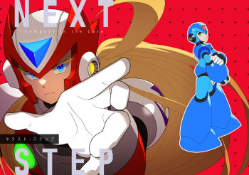 Rule 34 | arm cannon, armor, blonde hair, blue armor, blue eyes, blue helmet, chest jewel, english text, forehead jewel, full body, green eyes, helmet, highres, long hair, male focus, mega man (series), mega man x (series), mixed-language text, no-rishio, reaching, reaching towards viewer, red armor, red background, red helmet, simple background, upper body, weapon, x (mega man), zero (mega man)