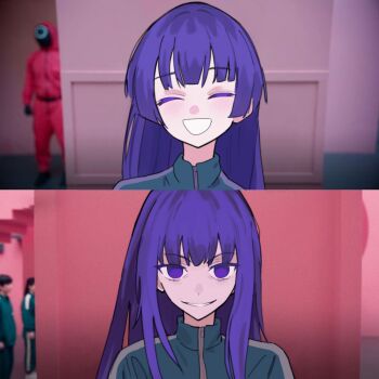 2girls before_and_after blue_eyes blue_hair child dark_persona dual_persona evil_smile frederica_bernkastel furude_rika green_track_suit higurashi_no_naku_koro_ni light_blush long_hair meme mrdoomguy multiple_girls open_mouth parody sidelocks smile squid_game track_suit umineko_no_naku_koro_ni year_1_&amp;_year_2_(squid_game)_(meme)