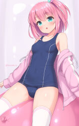 1girl aqua_eyes arms_at_sides balloon bare_shoulders blue_one-piece_swimsuit breasts collarbone cowboy_shot hair_between_eyes hair_ornament highres jacket jacket_partially_removed legs_apart light_blush long_sleeves looking_at_viewer medium_hair one-piece_swimsuit one_side_up open_clothes open_jacket open_mouth original pink_hair pink_jacket sasaame school_swimsuit sitting small_breasts solo star_(symbol) star_hair_ornament swimsuit thighhighs white_thighhighs