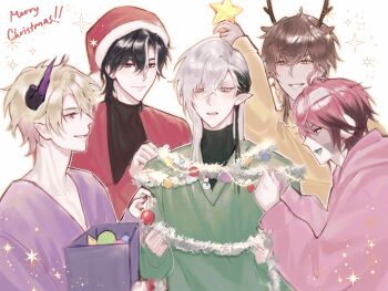 5boys absurdres antlers black_hair brown_hair cassian_floros christmas_ornaments christmas_star closed_mouth commentary_request demon_boy demon_horns elf first_stage_production gale_galleon green_eyes green_shirt hat highres horns long_sleeves looking_at_another lucien_lunaris male_focus merry_christmas multiple_boys open_mouth pink_eyes pink_hair pink_shirt pirate pointy_ears purple_shirt red_eyes red_shirt reindeer_antlers reyiirs rosco_graves santa_hat shirt smile sparkle vampire white_hair yellow_eyes yellow_shirt zander_netherbrand zombie