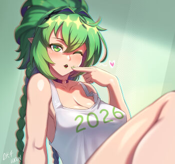 Rule 34 | absurdres, alternate hair color, artist name, bare shoulders, blowing kiss, braid, breasts, choker, cleavage, commentary, english commentary, eyeshadow, finger to mouth, green eyes, green eyeshadow, green hair, green lipstick tube, highres, makeup, one eye closed, original, pointy ears, thighhighs, thighs, thresh (vilde loh hocen), twin braids, vilde loh hocen