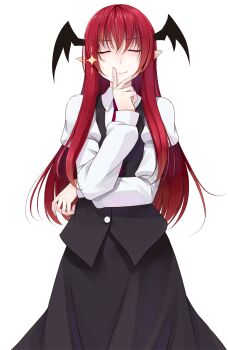 Rule 34 | 1girl, black skirt, black vest, buttons, closed eyes, closed mouth, collared shirt, commentary request, cowboy shot, crote, demon wings, facing viewer, hand on own chin, hand on own face, hand to own mouth, hand up, head wings, highres, koakuma, large variant set, long hair, long skirt, long sleeves, necktie, pointy ears, red hair, red necktie, shirt, skirt, skirt set, sleeve cuffs, smile, solo, sparkle, tachi-e, touhou, transparent background, variant set, vest, white shirt, wings