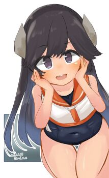 1girl black_hair black_one-piece_swimsuit blue_eyes covered_navel hands_on_own_face headgear highres i-400_(kancolle) kantai_collection long_hair looking_at_viewer mf_u_c one-hour_drawing_challenge one-piece_swimsuit open_mouth orange_sailor_collar sailor_collar school_swimsuit shirt side-tie_shirt sleeveless sleeveless_shirt solo swimsuit swimsuit_under_clothes thigh_gap twitter_username white_shirt