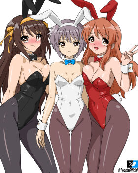 Rule 34 | 3girls, absurdres, ai-assisted, animal ear hairband, animal ears, asahina mikuru, asymmetrical docking, bare shoulders, black bow, black bowtie, black leotard, black pantyhose, blue bow, blue bowtie, bow, bowtie, breast press, breasts, brown hair, brown pantyhose, cleavage, expressionless, fake animal ears, grey hair, hairband, highres, large breasts, leotard, long hair, looking at viewer, medium breasts, multiple girls, nagato yuki, pantyhose, playboy bunny, rabbit ear hairband, rabbit ears, red bow, red bowtie, red leotard, short hair, shy, simple background, small breasts, suzumiya haruhi, suzumiya haruhi no yuuutsu, t-works, v, v-shaped eyebrows, very long hair, white background, white leotard, wrist cuffs, yellow hairband