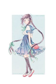 1girl amano_tooko artist_name black_hair black_socks blue_eyes blue_sailor_collar blue_skirt blush book border bow bowtie braid bungaku_shoujo closed_mouth commentary_request contrapposto from_side full_body green_background green_bow green_bowtie green_ribbon hair_ribbon holding holding_book kneehighs long_hair looking_at_viewer medium_skirt outside_border pleated_skirt ribbon ryokuno_green sailor_collar school_uniform serafuku shirt shoes skirt smile socks solo sparkle standing twin_braids twintails very_long_hair watermark white_border white_shirt white_shoes