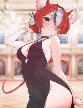 1girl alternate_costume animal_ear_fluff animal_ears arm_behind_back artist_name bangle black_choker black_dress black_hair blue_eyes blurry blurry_background bracelet breasts choker clothing_cutout commentary cowboy_shot cutout_above_navel diamond_cutout dress earrings flower hair_bun hair_flower hair_ornament hair_over_one_eye hair_stick hakos_baelz highres hololive hololive_english jewelry large_breasts looking_at_viewer mouse_ears mouse_girl mouse_tail multicolored_hair multiple_bracelets parted_lips red_hair rose side_slit single_hair_bun sk_jynx sleeveless sleeveless_dress solo sparkle standing streaked_hair tail virtual_youtuber white_flower white_hair white_rose