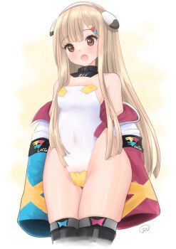 1girl alice_gear_aegis blonde_hair breasts brown_eyes cowboy_shot hair_ornament hairclip headgear highleg highleg_leotard jacket jacket_partially_removed kitagawa_mikio leotard long_hair multicolored_jacket rakuhana_meru small_breasts solo white_leotard yellow_background