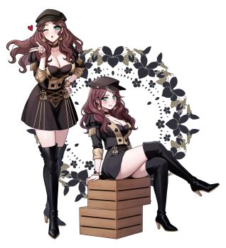 1girl ;o absurdres black_boots black_choker black_hat black_shirt black_skirt blowing_kiss blush boots box bracelet breasts brown_hair choker cleavage closed_mouth commission commissioner_upload crossed_legs dorothea_arnault earrings fire_emblem fire_emblem:_three_houses floral_background full_body garreg_mach_monastery_uniform green_eyes hand_on_own_hip hand_up hat heart high_heel_boots high_heels highres jewelry juliet_sleeves large_breasts leaning_forward long_hair long_sleeves looking_at_viewer multiple_views nintendo non-web_source on_box one_eye_closed puckered_lips puffy_sleeves rein_creamsoda ring shirt simple_background sitting sitting_on_box skirt smile thick_thighs thigh_boots thighs three-quarter_sleeves white_background wooden_box