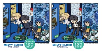 1boy 3girls :d absurdres ahoge aozaki_aoko aquarium arcueid_brunestud artist_request black_hair black_pants black_pantyhose black_shoes blonde_hair blue_hair blue_jacket blue_pants blue_skirt boots brown_boots ciel_(tsukihime) commentary_request denim fish gakuran glasses grey_skirt hair_intakes highres indoors jacket jeans long_hair melty_blood melty_blood:_type_lumina multiple_girls official_alternate_costume official_art open_clothes open_jacket open_mouth pants pantyhose red_hair school_uniform shirt shoes short_hair skirt smile socks solid_oval_eyes souya_high_school_uniform spot_the_differences sweater tohno_shiki tsukihime tsukihime_(remake) turtleneck turtleneck_sweater white_shirt white_sweater